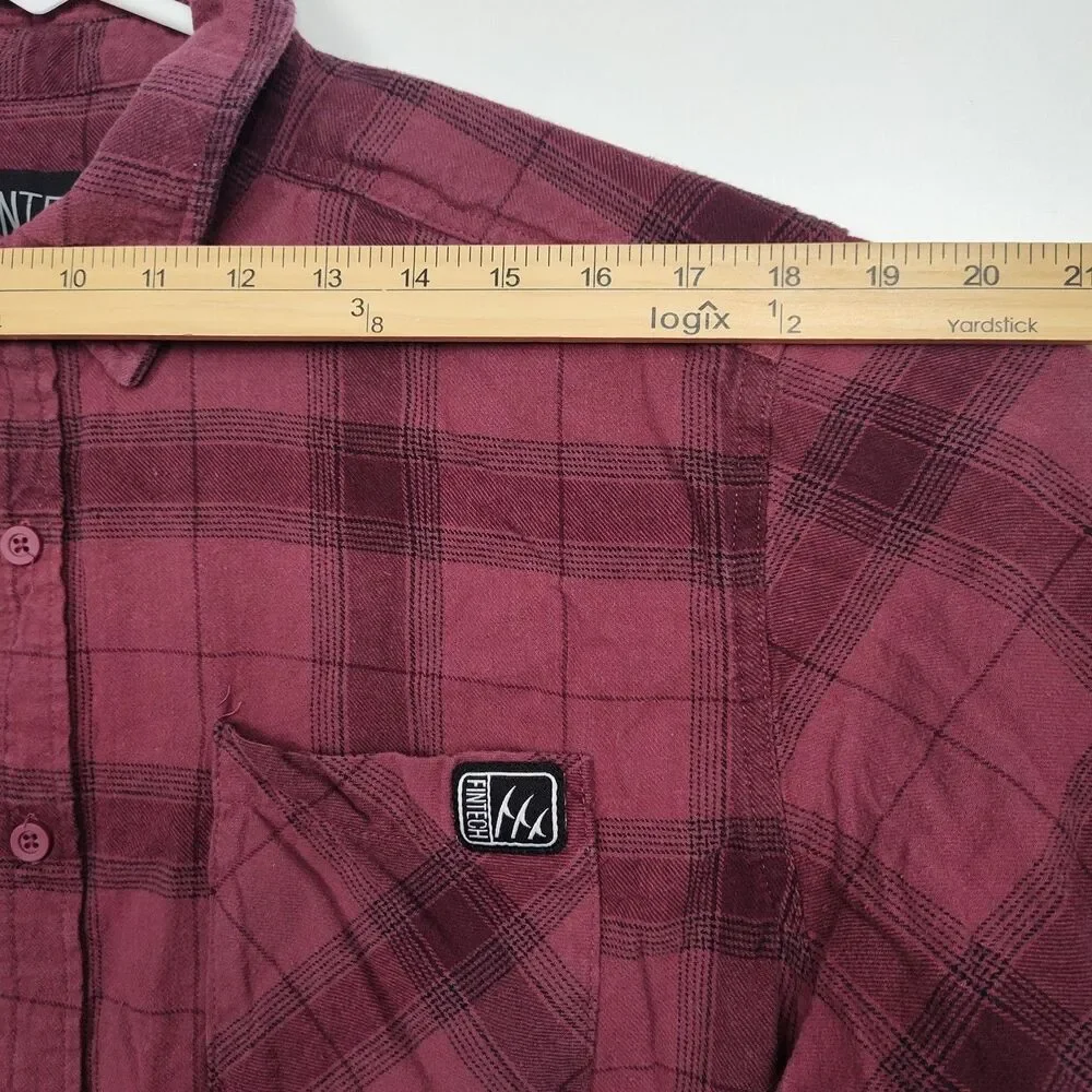 Fintech Button-Up Shirt Men's XL Maroon Plaid Long Sleeves Logo Collared - Picture 4 of 9
